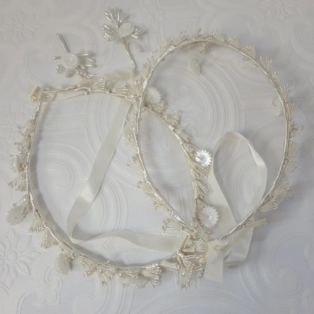 Vintage Greek Stefana Wedding Crowns Ivory Pearls Floral 1980's‎ Orthodox